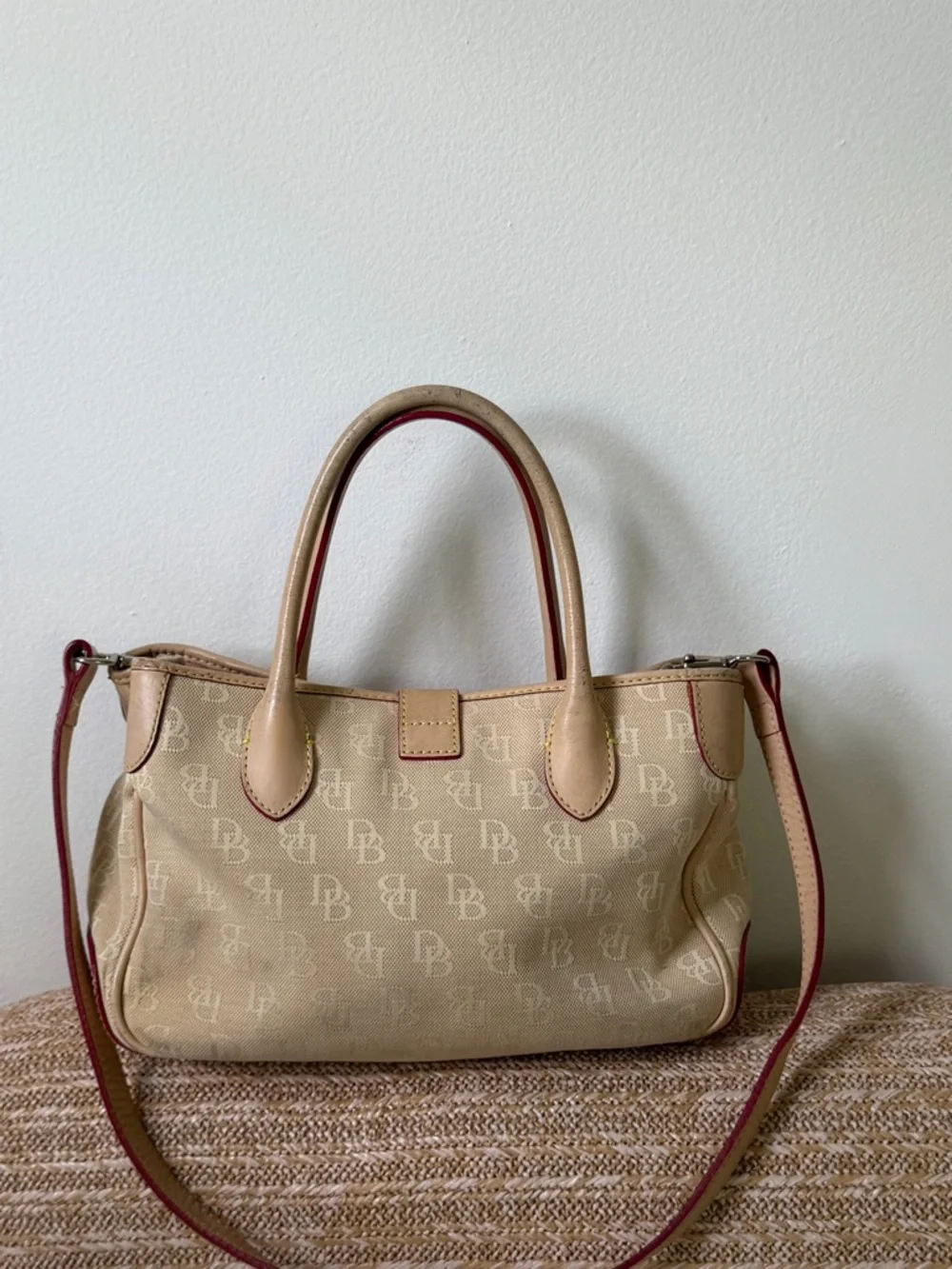 Dooney&Bourke Signature Canvas Satchel Handbag Beige Vachetta Leather Trim Vtg